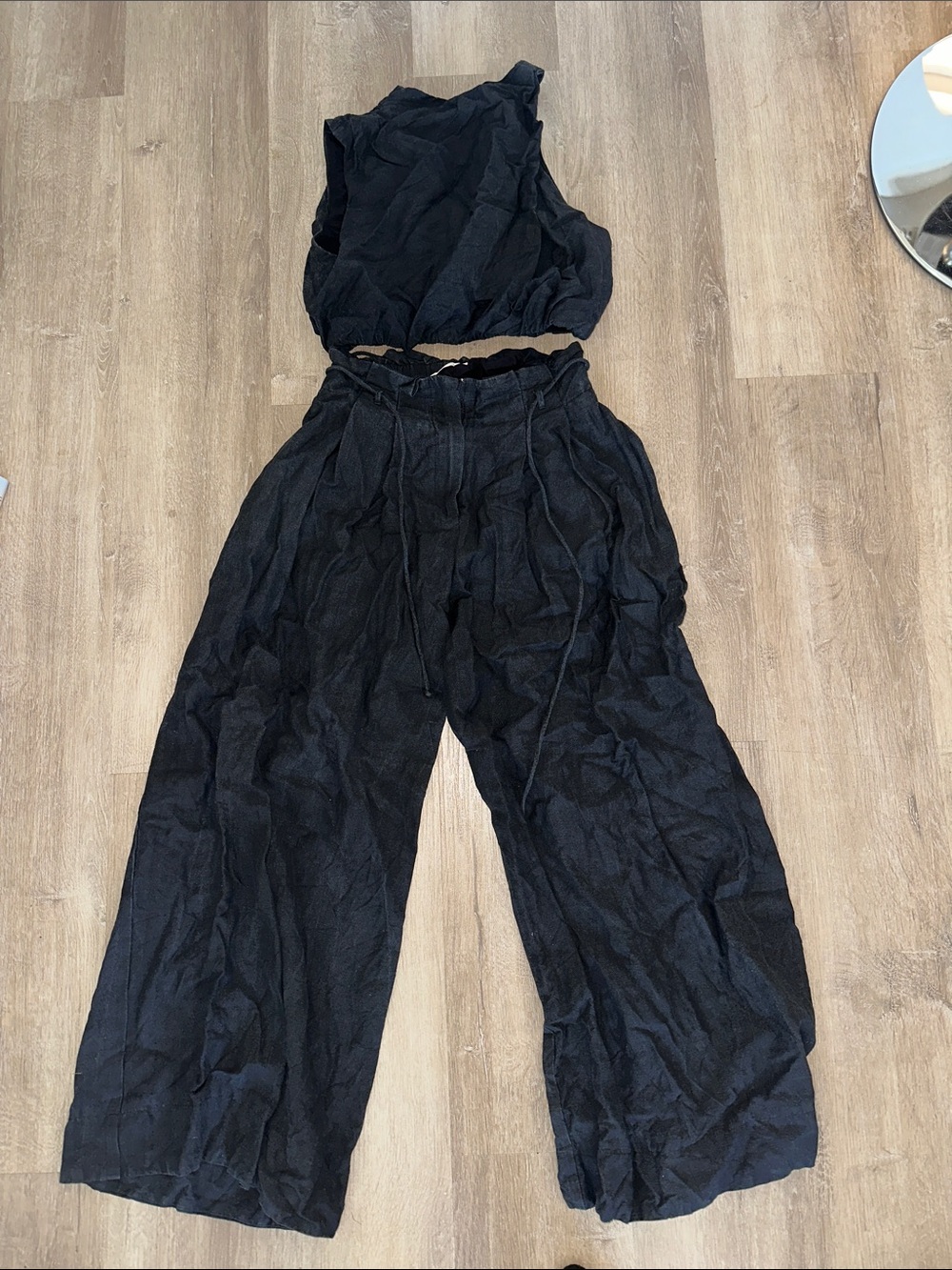 Black Wide-Leg High-Waist Linen Pants and matching top